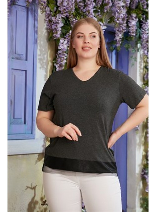 Plus Size Smoked T-Shirt with Leather and Tulle Detailed Skirt
