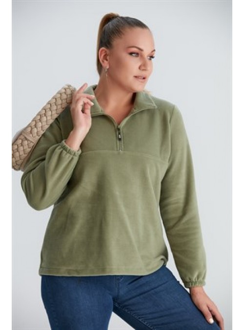 Large Size Green Fleece Sweatshirt with Elastic Sleeves