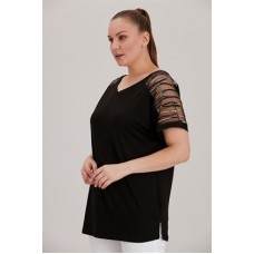 Large Size Black T-Shirt With Tulle And Sequin Embroidered Shoulders